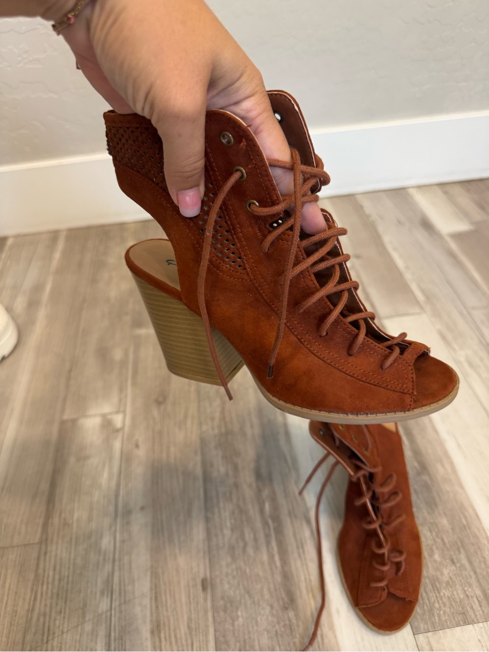 Qupid Rust Lace-Up Open Toe Block Heel Sandals